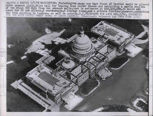 1958 Press Photo of photodiagram of East Front of Capitol Bldg. in D.C. - Historic Images