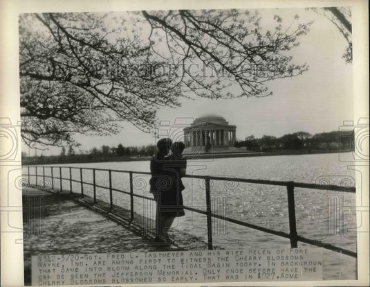 1945 Press Photo Sgt. Fred L. Tagtmeyer & Wife Helen Under Cherry Blossoms - Historic Images