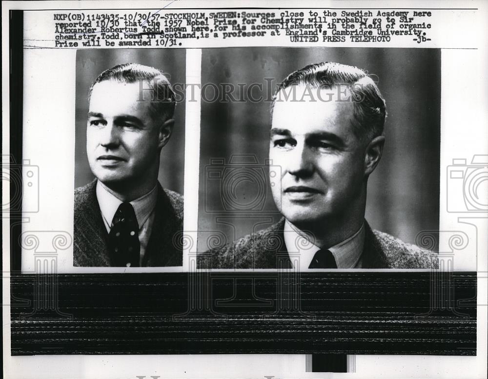 1957 Press Photo Cambridge chemist, Sir Alexander Todd, Nobel Prize, Chemistry - Historic Images