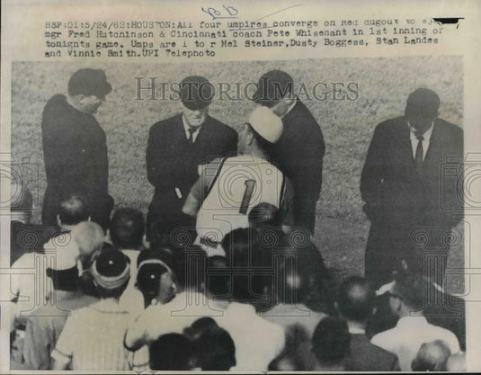 1962 Press Photo Umpires Fred Hutchinson, Pete Whisenant, Mel Steiner, Dusty - Historic Images