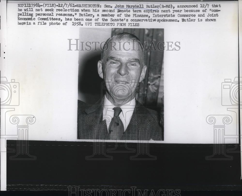 1961 Press Photo Wash. D.C. Sen. John Marshall will not seek re-election - Historic Images