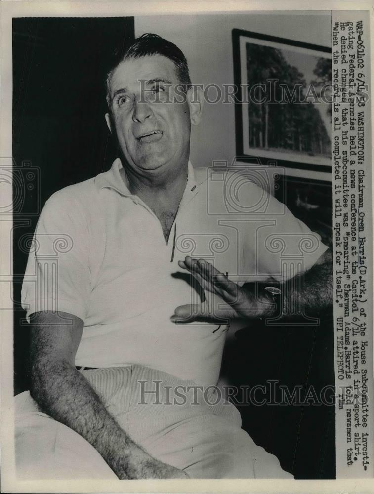 1958 Press Photo Chairman Oren Harris House Subcommittee Investigati at News Con - Historic Images