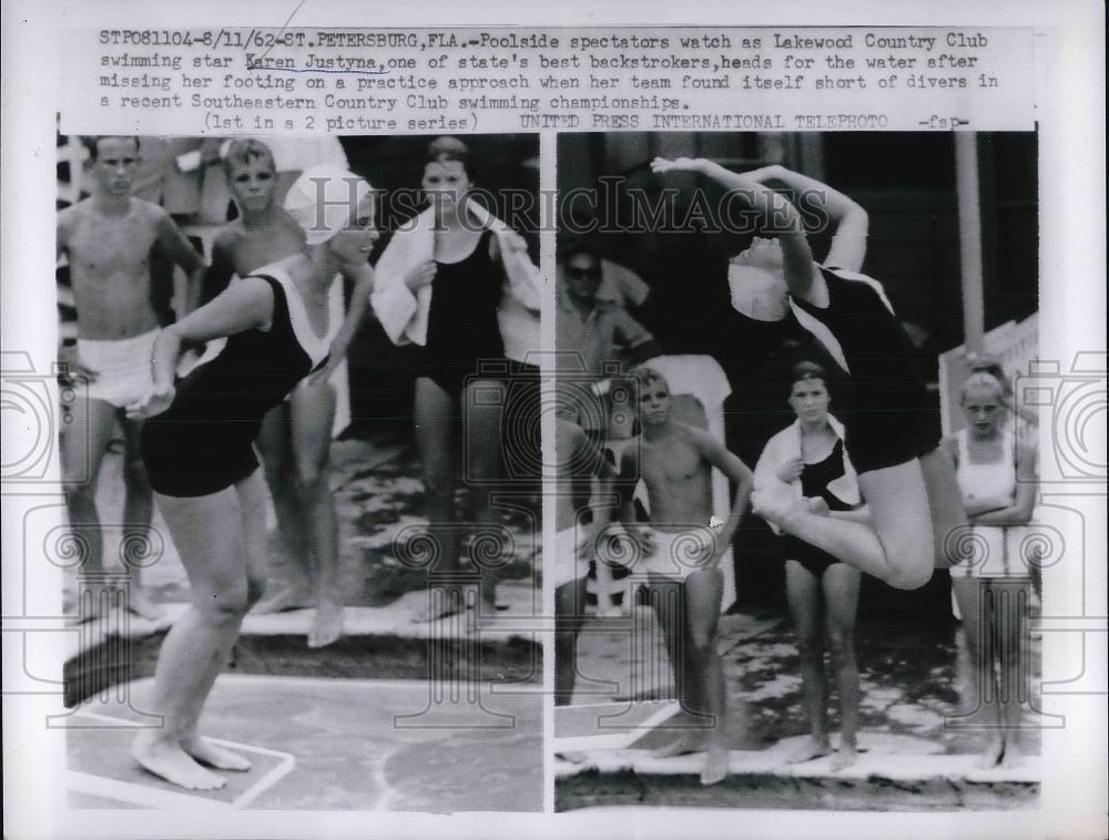 1962 Press Photo St Pete. Fla. swim star Karen Justyna at Lakewood CC meet - Historic Images