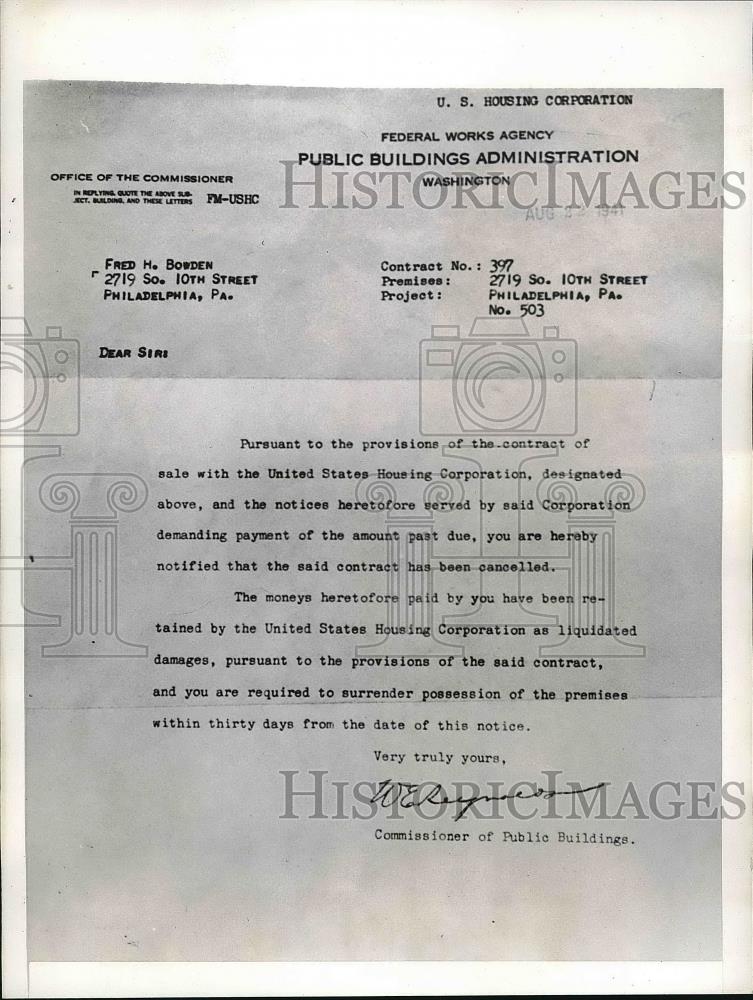 1941 Press Photo Eviction Notices Sent From U.S to Occupants of Defense Homes - Historic Images