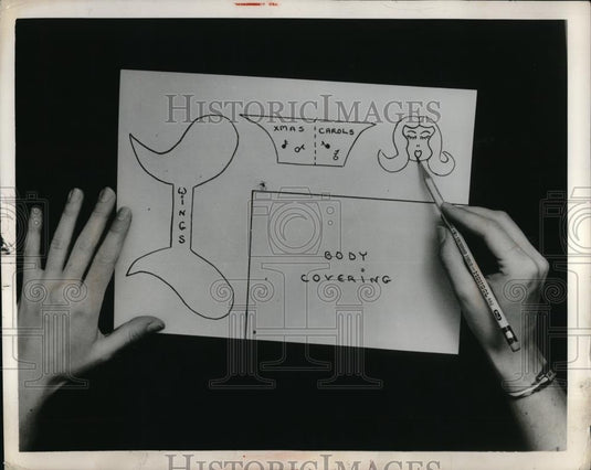 1957 Press Photo Artist's Drawing Of Christmas Costumes - Historic Images