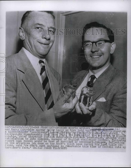 1955 Press Photo British sports writer Geo Whiting & H Carpenter at boxing bout - Historic Images