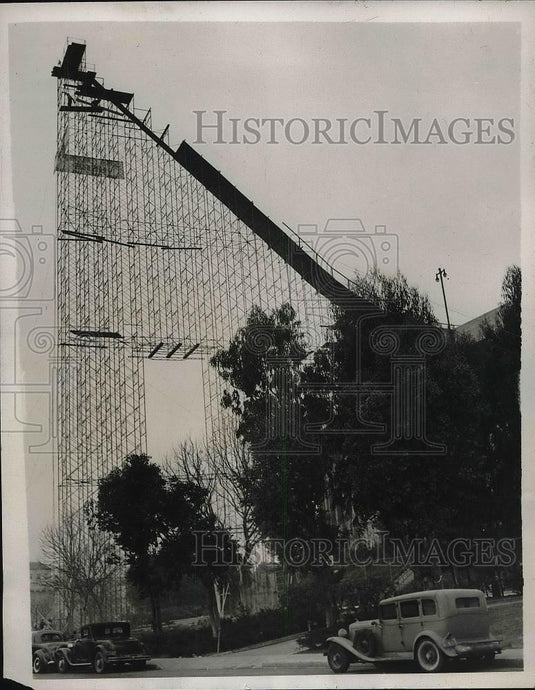 1939 Press Photo Steel Pipes Used in Building Dream Ski Jump in L.A. Coliseum - Historic Images