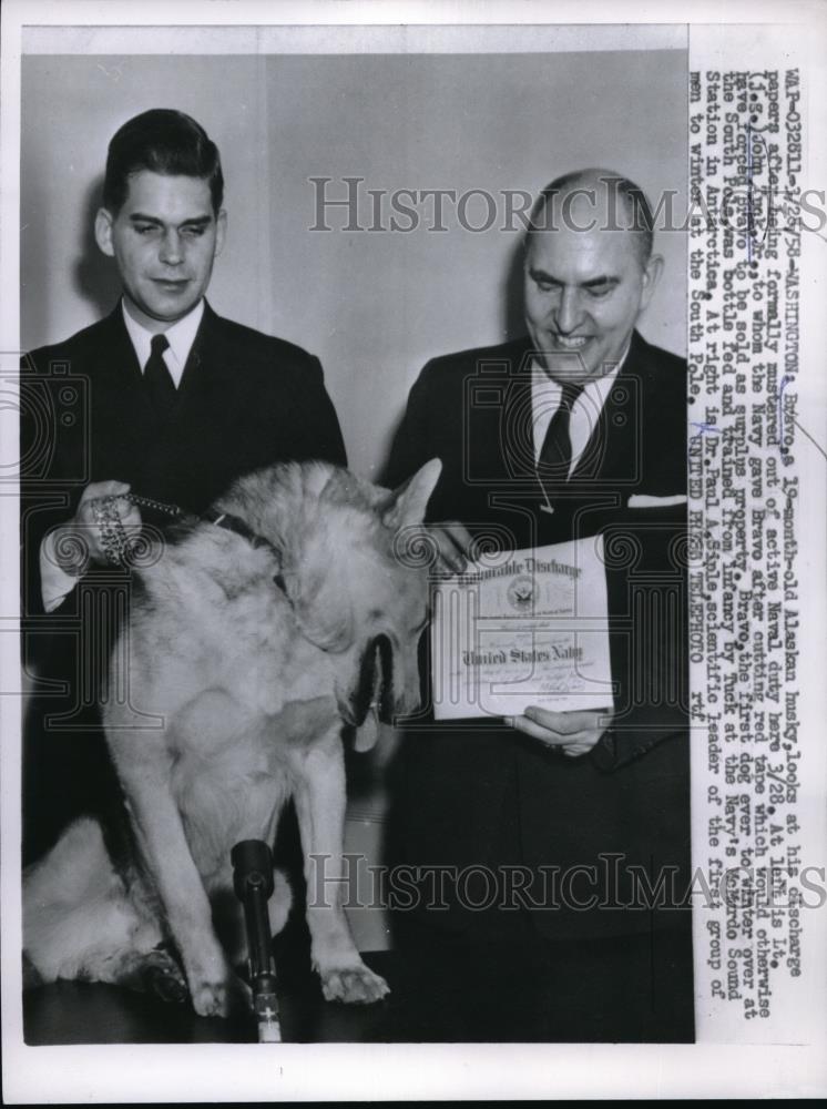 1958 Press Photo Wash.D.C. Alaskan Husky &quot;Bravo&quot;, lt J Tuck, Dr P Siple - Historic Images