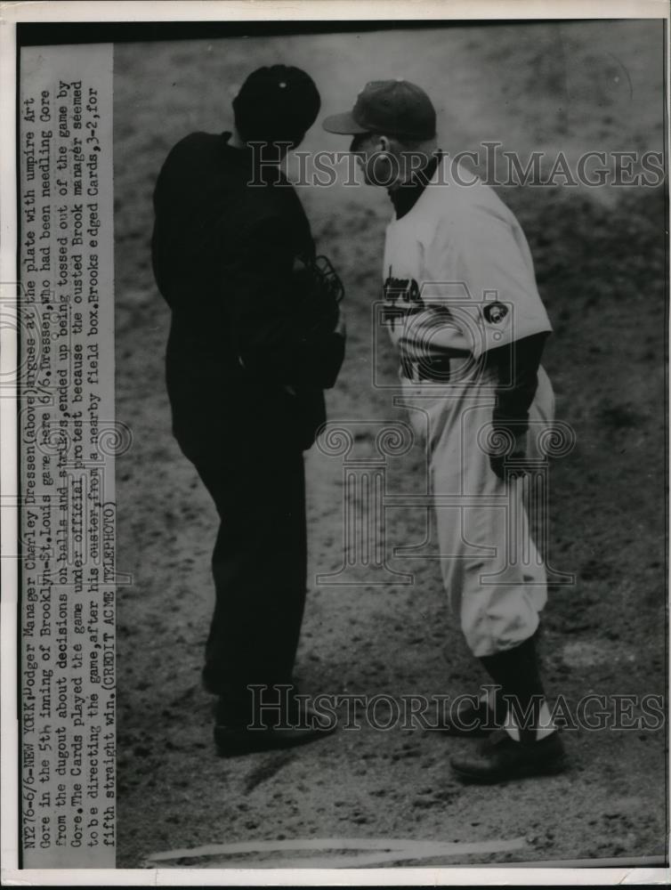 1951 Press Photo Dodger Manager Charley Dressen argues at the plate w/ umpire - Historic Images