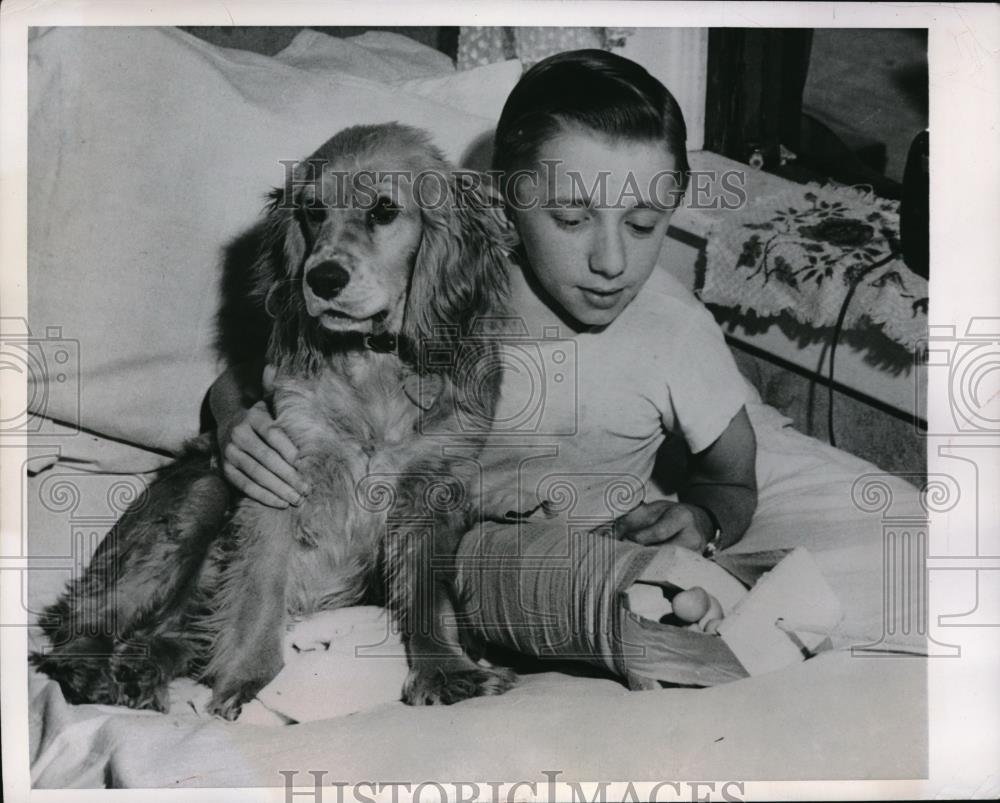 1949 Press Photo Dale Graf Over 150 Breaks in Bones & Dog Butch - Historic Images