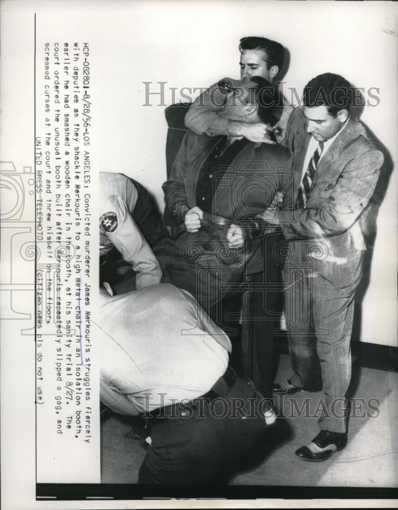 1956 Press Photo Deputies struggle convicted murderer James Merkouris shackle - Historic Images