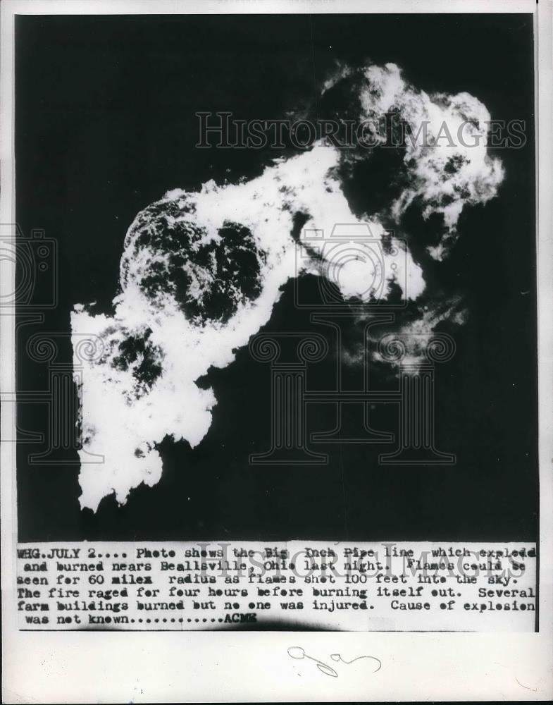 1950 Press Photo Big Inch pipe line explosion - Historic Images