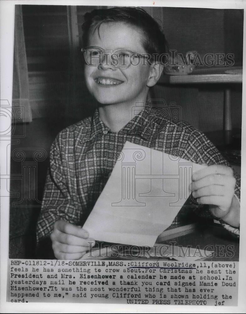 1955 Press Photo Somerville, Mass Clifford Woolridge &amp; thank you card from Pres. - Historic Images