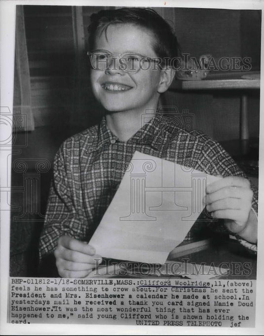 1955 Press Photo Somerville, Mass Clifford Woolridge & thank you card from Pres. - Historic Images