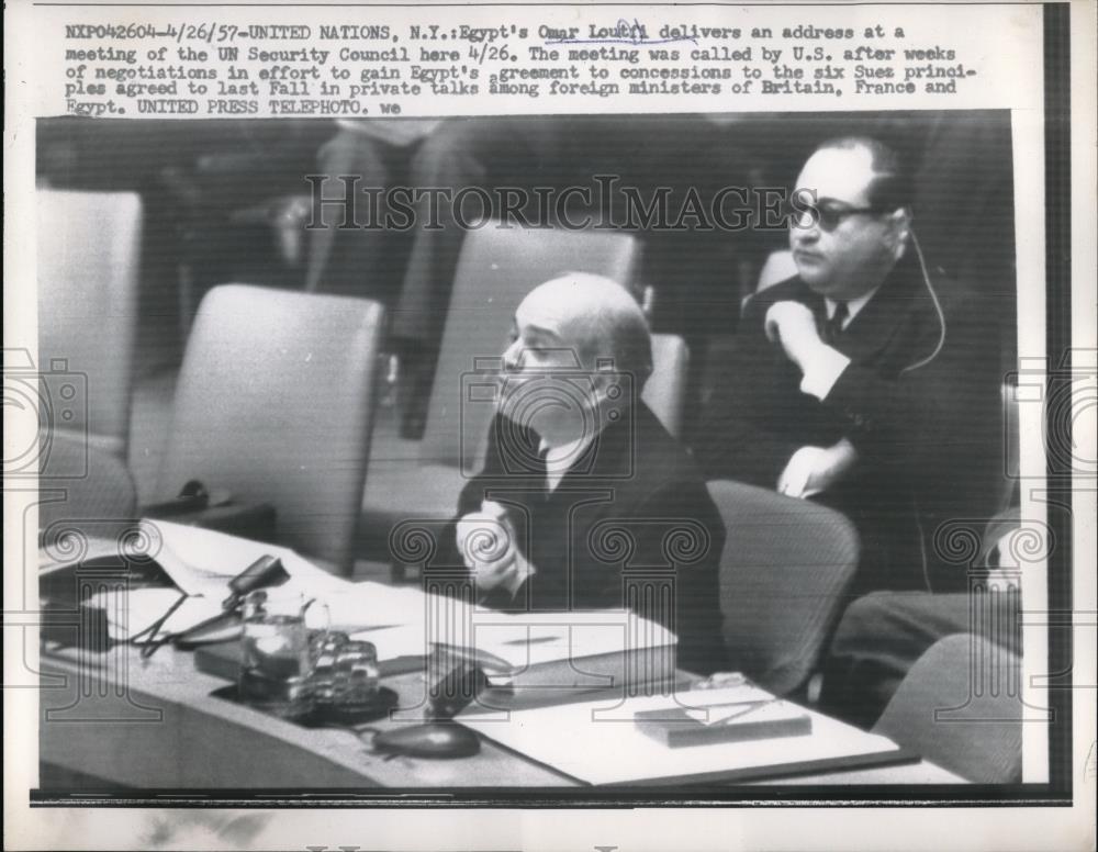 1957 Press Photo NYC, UN Security Council, Egypt&#39;s Omar Loutfi speaking - Historic Images