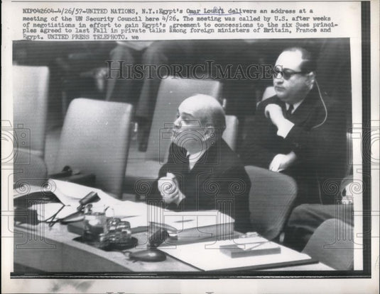 1957 Press Photo NYC, UN Security Council, Egypt's Omar Loutfi speaking - Historic Images