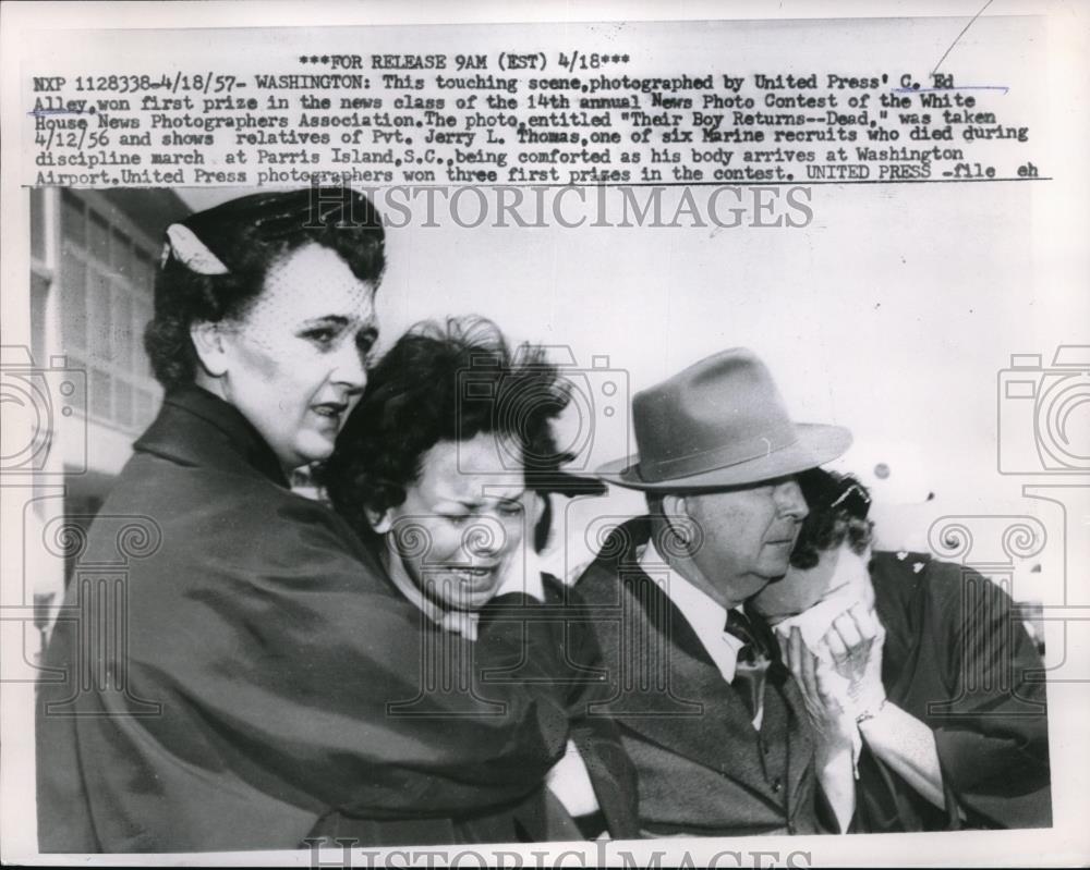 1957 Press Photo of photo contest winner titled &quot;Their Boy Returns---Dead&quot; - Historic Images