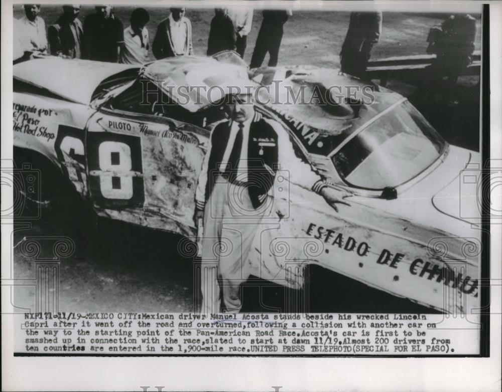 1953 Press Photo Driver Manuel Acosta Stands by Wrecked Car On Way to Road Race - Historic Images