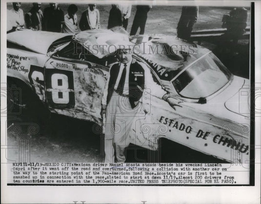 1953 Press Photo Driver Manuel Acosta Stands by Wrecked Car On Way to Road Race - Historic Images