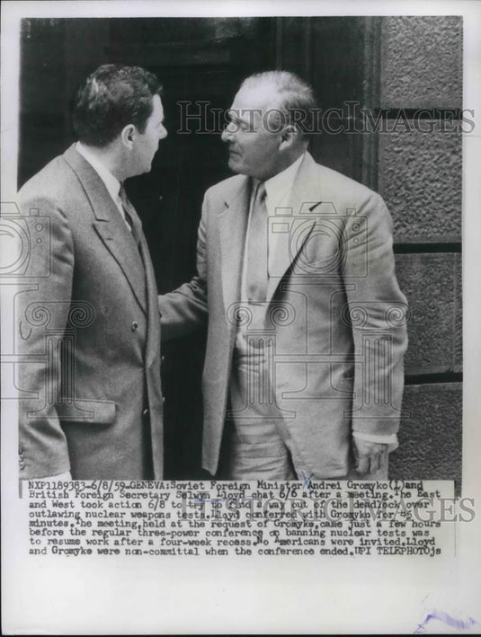 1959 Press Photo Geneva, Soviet Andrei Gromyko & British Sec Selwyn Lloyd - Historic Images
