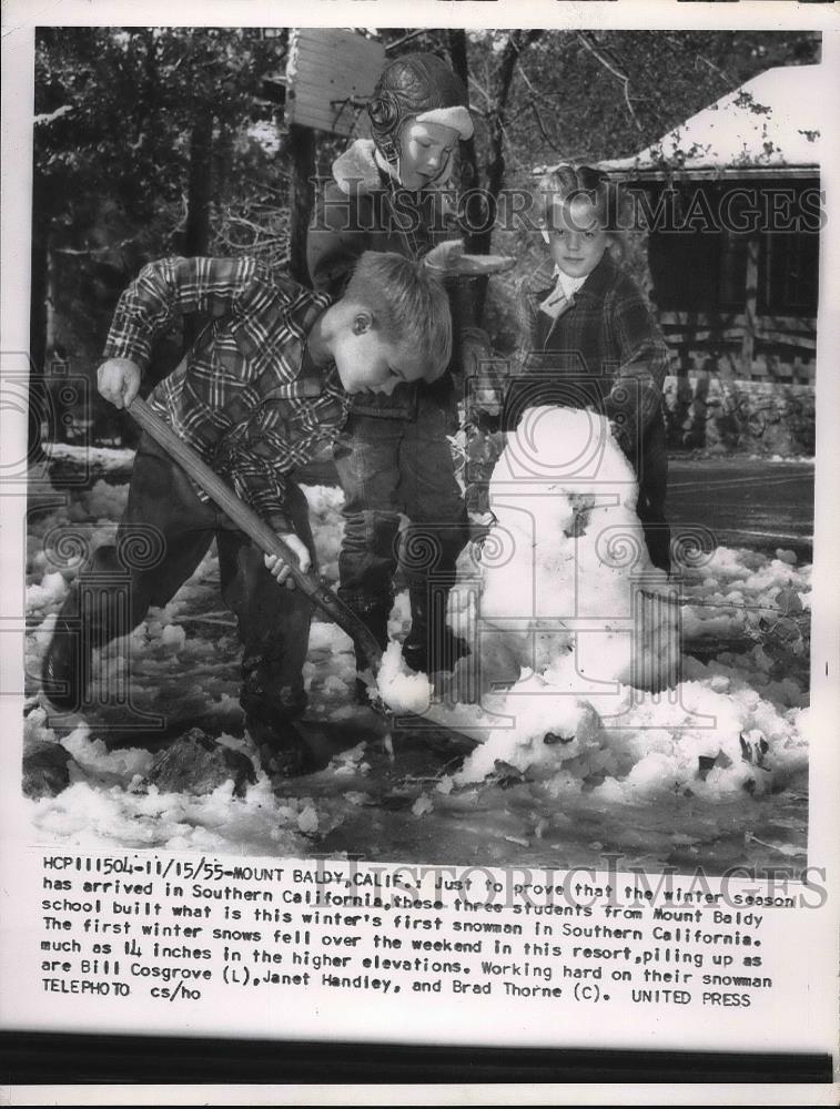 1955 Press Photo Bill Cosgrove, Janet Handley, Brad Thorne, Mount Baldy School - Historic Images