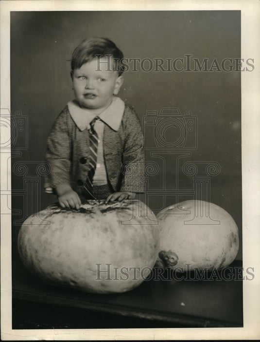 1932 Press Photo Baby Alvin Gifford, age 2 & huge mushrooms - Historic Images