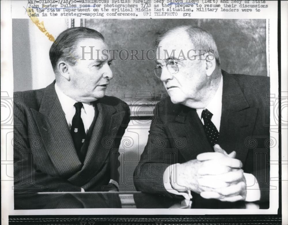 1958 Press Photo British Foreign Sec.Selwyn Lloyd and Sec.of State John Foster. - Historic Images