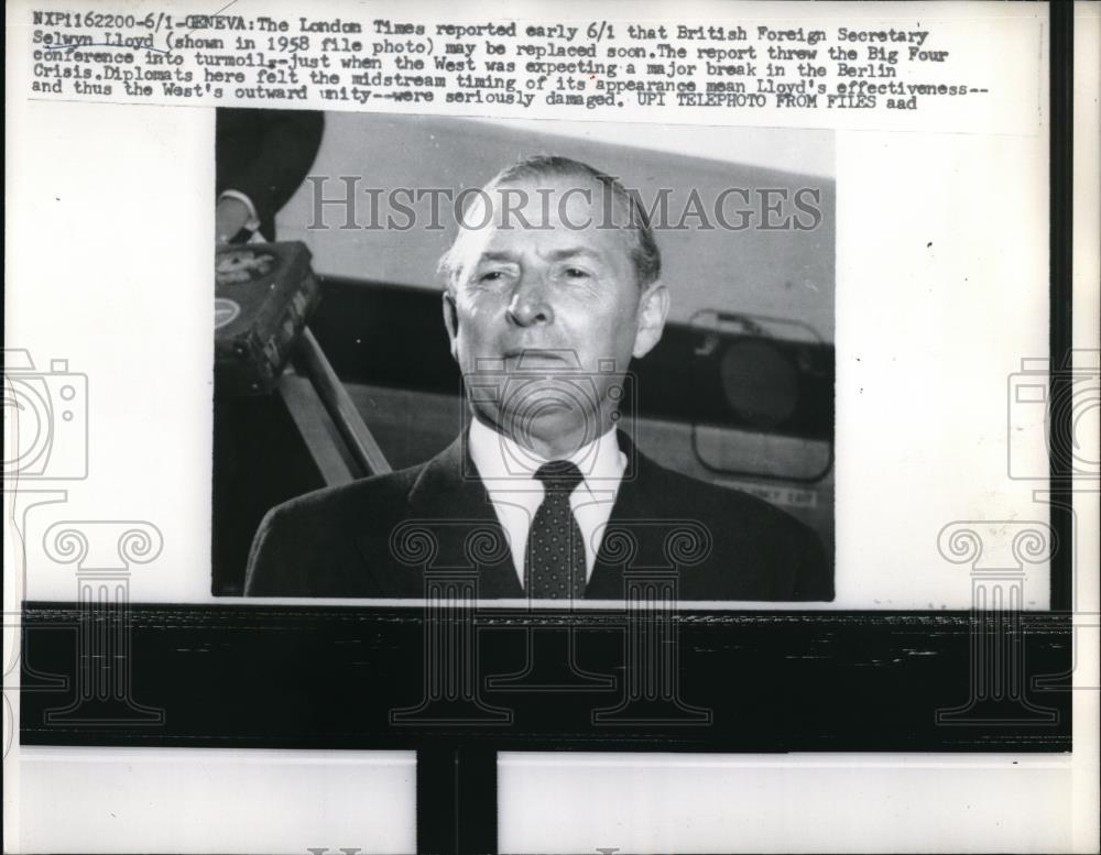 1962 Press Photo Selwyn Lloyd, British Foreign Secretary in 1958 photo. - Historic Images