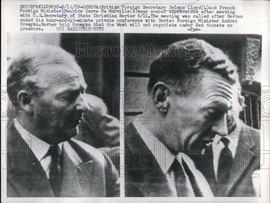 1959 Press Photo Geneva,British Sec Selwyn Lloyd & French Maurice de Murville - Historic Images