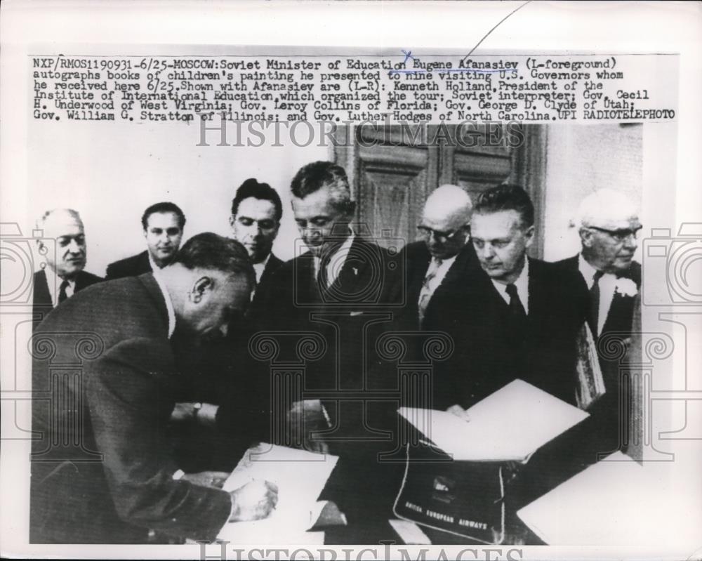 1959 Press Photo Soviet Minister of Education Eugene Afanasiev, Gov George Clyde - Historic Images