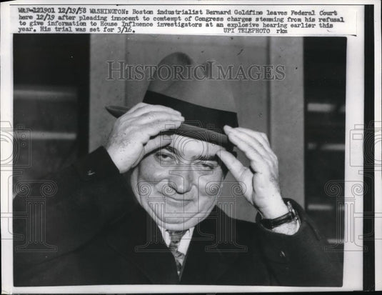 1958 Press Photo Industrialist Bernard Goldfine at Federal Court in D.C. - Historic Images