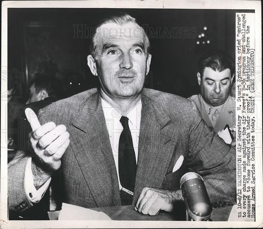 1949 Press Photo Air Force Secy. Stuart Symington defends B-36 program in D.C. - Historic Images