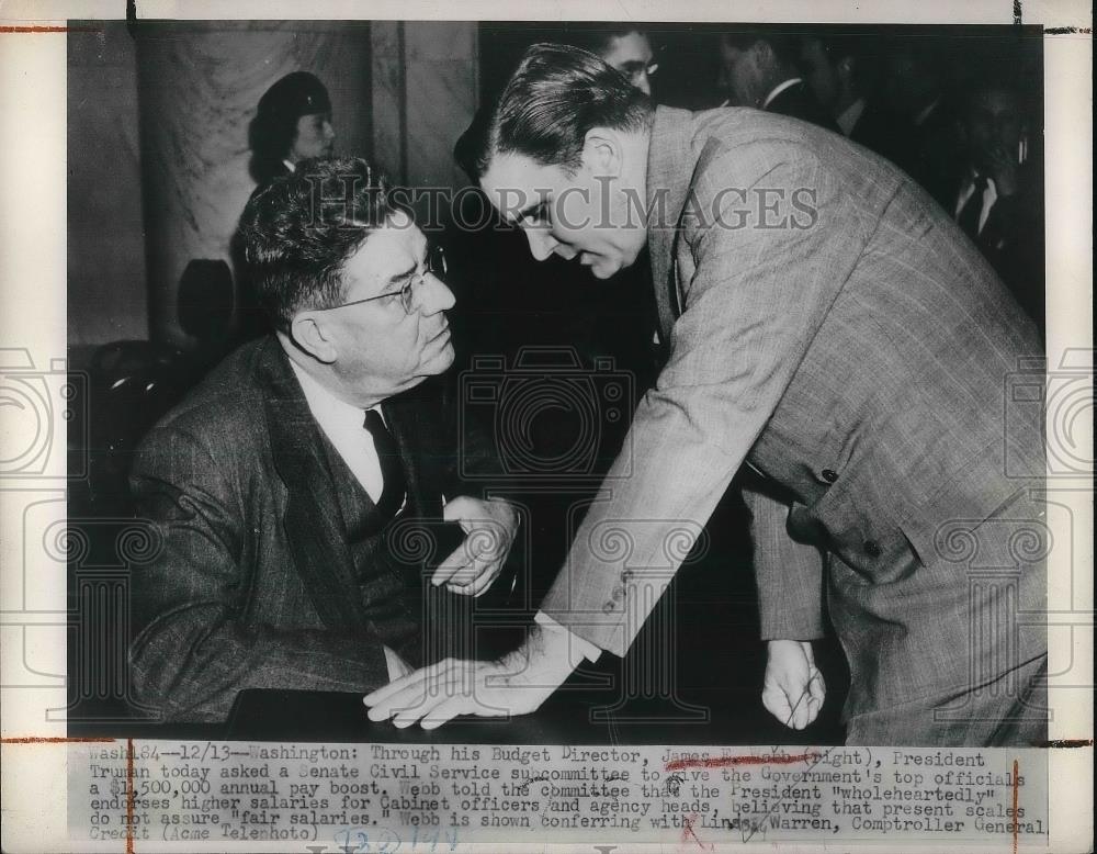 1949 Press Photo Budget Director James Wabb Confer With Linas Warren Comptroller - Historic Images
