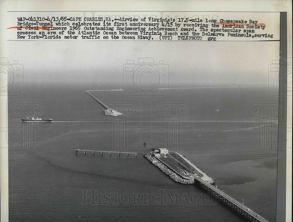 1965 Press Photo Aerial View Of Chesapeake Bay Bridge &amp; Tunnel - Historic Images