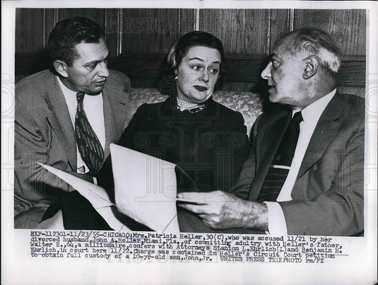 1955 Press Photo Chicago adultry trial, Mrs Pat Heeler, attys Stan & Ben Erhlich - Historic Images