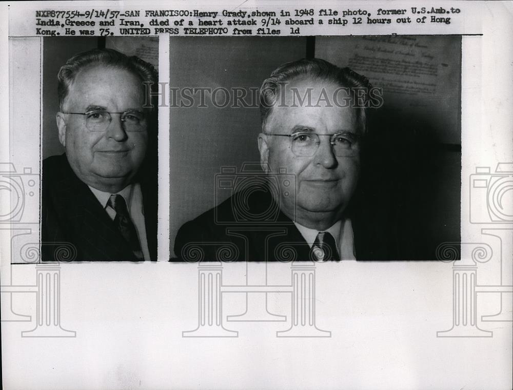 1957 Press Photo Henry Grady former US Ambassador died heart attack - neb47967 - Historic Images