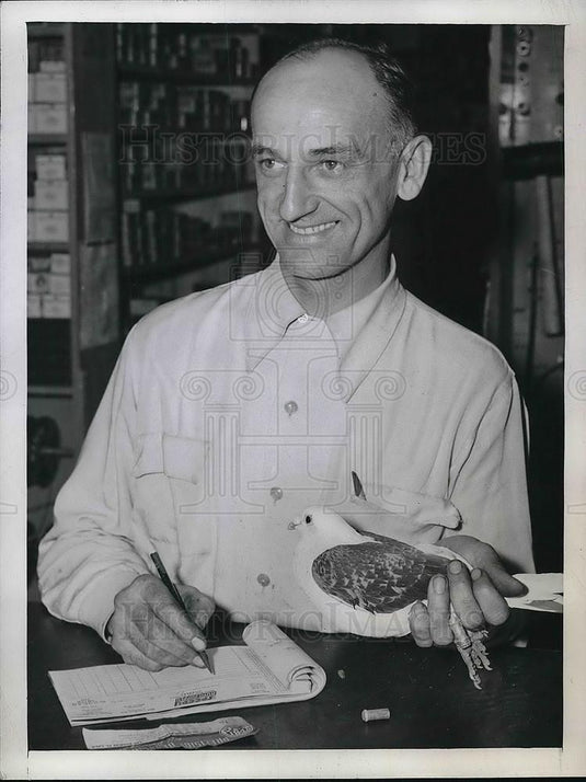 1943 Press Photo LA, Calif. Al Jacobson & a pet pigeon at auto parts store - Historic Images