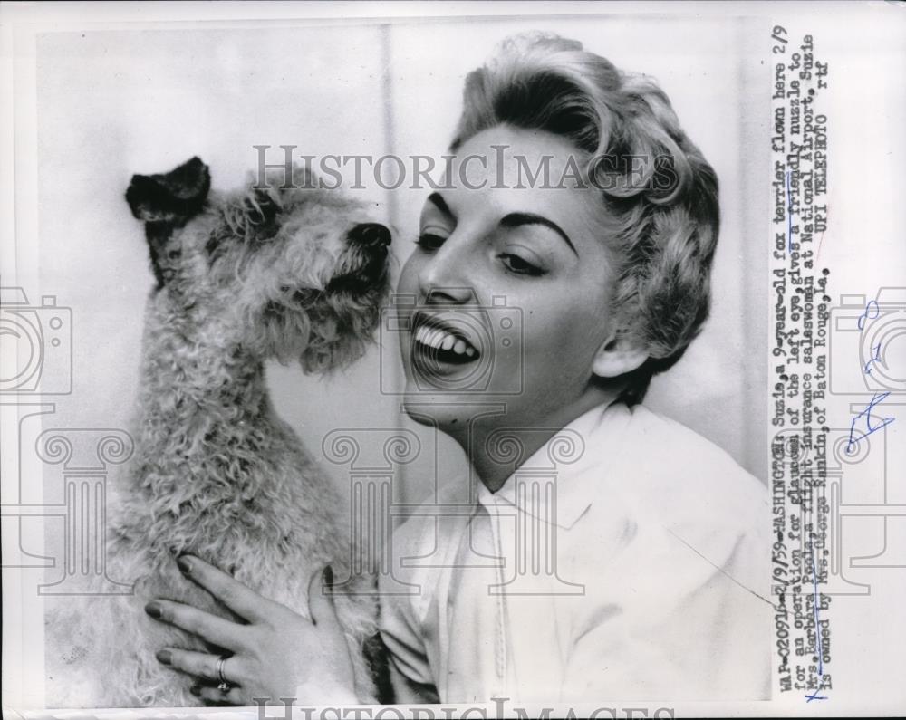 1959 Press Photo Mrs. Barbara Poola with Suzie, Fox Terrior Flown to Washington - Historic Images