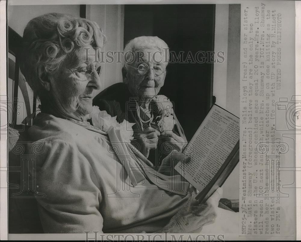 1954 Press Photo Westminster, Mass Mrs Nelia Lloyd, Mrs Luti Shumway , age 100 - Historic Images