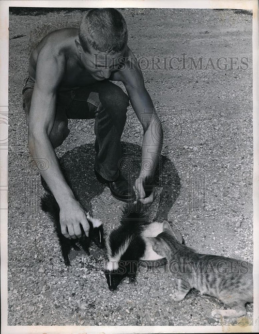 1962 Press Photo McCune,Kan. Jim Huff & pet skunk & cat he rescued - neb48541 - Historic Images