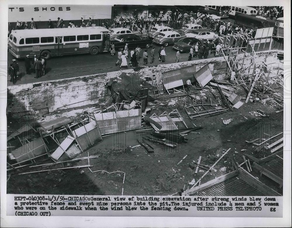 1956 Press Photo building excavation after high winds knocked down wall, Chicago - Historic Images