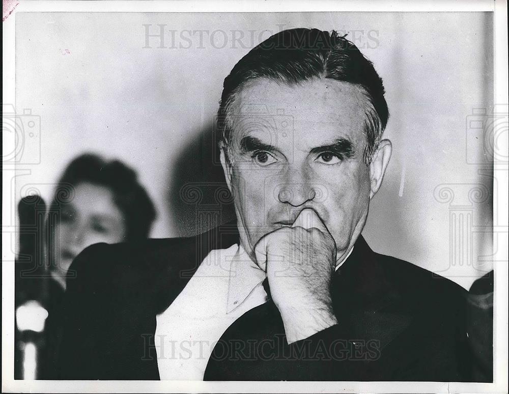 1956 Press Photo Senator Stuart Symington looking thoughtful in meeting - Historic Images