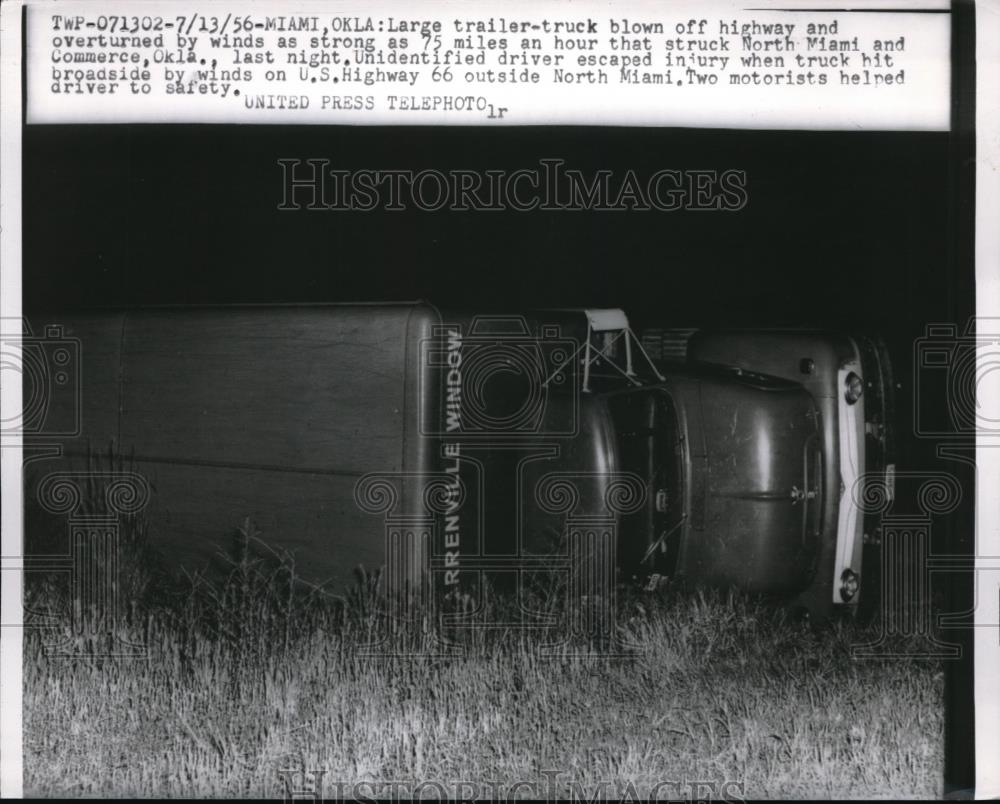 1956 Press Photo Large Trailer-Truck Blown Over From Wind in Miami, Oklahoma - Historic Images