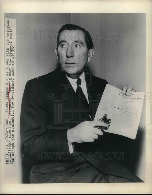 1948 Press Photo Sen. Claude Pepper with telegram from Gen. Eisenhower - Historic Images