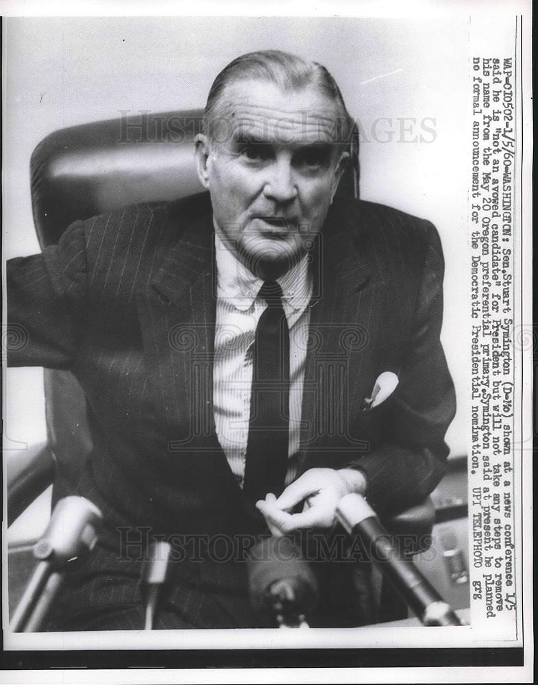 1960 Press Photo Sen Stuart Symington D-MO states not Democratic Pres nomination - Historic Images