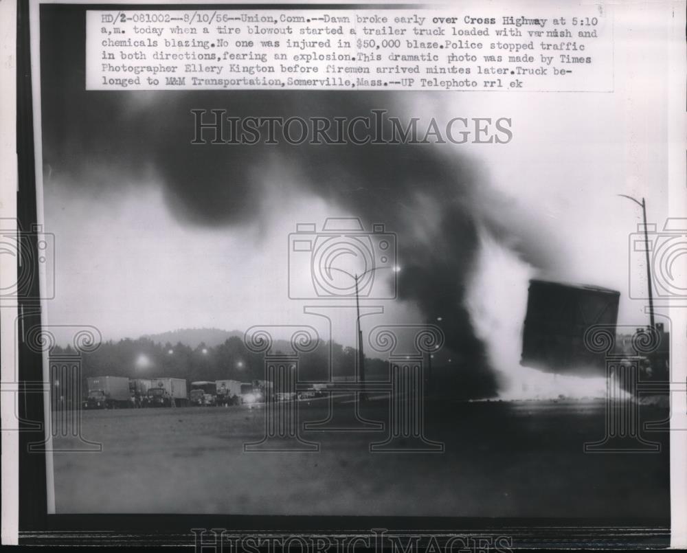 1956 Press Photo Tire Blowout Causing Trailer Truck Blaze in Union, Connecticut - Historic Images