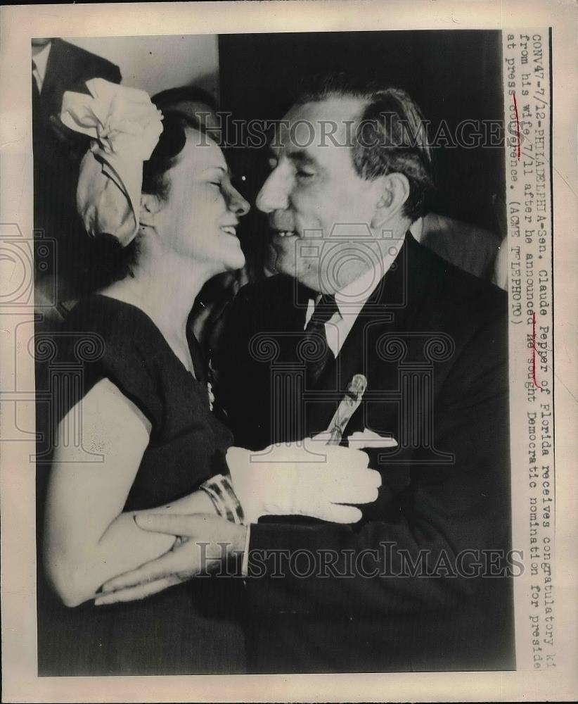 1948 Press Photo Sen Claude Pepper of Florida kissing his wife - Historic Images