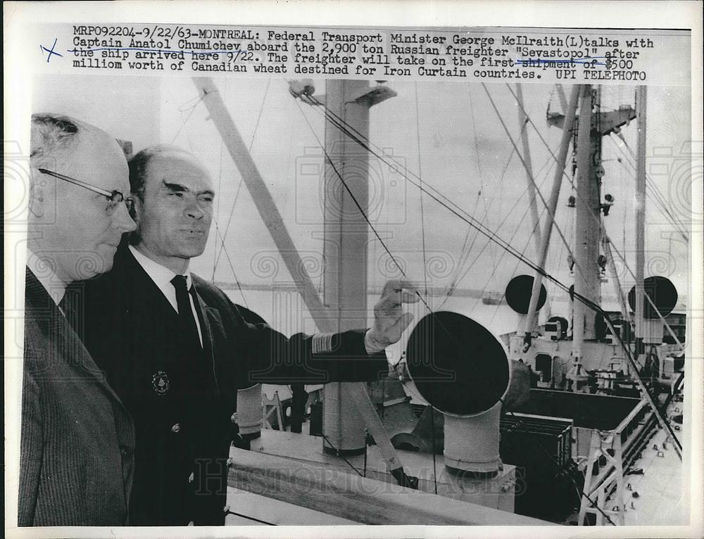 1963 Press Photo George McIlraith with Capt. Anatol Chumichev on Sevastopol Ship - Historic Images