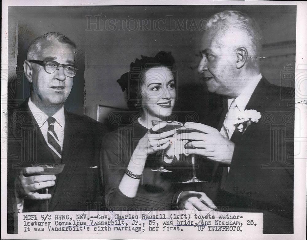 1957 Press Photo Reno, Nev. Gov Charles Russell, author Cornelius Vanderbilt Jr - Historic Images