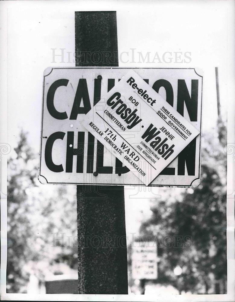 1956 Press Photo campaign poster blocks traffic warning sing, St. Louis, MO - Historic Images